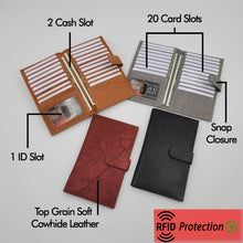 Load image into Gallery viewer, AG Wallets RFID Snap Close Full Grain Napa Cowhide Leather Credit Card Organizer Long Wallet, Holds Up To 20 Cards, 2 Side Cash Slots
