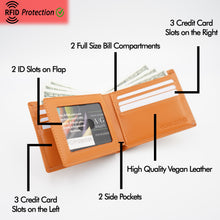 Load image into Gallery viewer, AG Wallets Men&#39;s Vegan Leather Bifold Wallet with RFID Protection - 2 Full-Size Cash Compartments, 6 Credit Card Slots, 2 Side Slip Slots, 2 Clear ID Windows for Ultimate Organization
