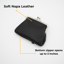 Load image into Gallery viewer, AG Wallets Women&#39;s Napa Leather Metal Frame Double Kiss Lock Coin and Change Purse, Metal Frame Coin Purse With Kiss Lock
