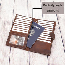 Load image into Gallery viewer, AG Wallets Distressed Brown Full Grain Leather RFID Credit Card Organizer Long Wallet, Holds 20 Cards, 2 Side Slots, 1 ID Slot &amp; Snap Close

