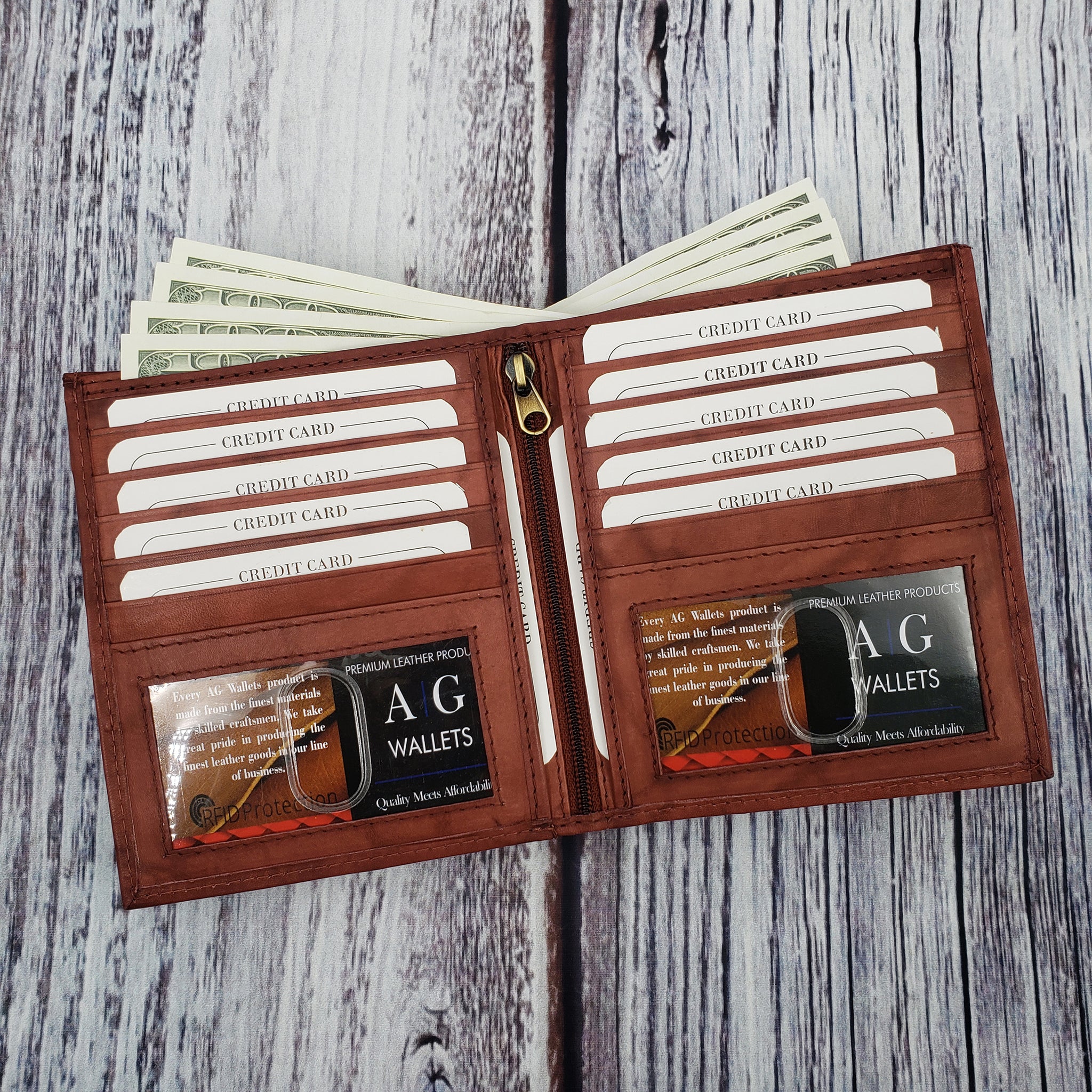 AG Wallets Full Grain Napa Cowhide Leather Mens Zip Around Bifold Wall