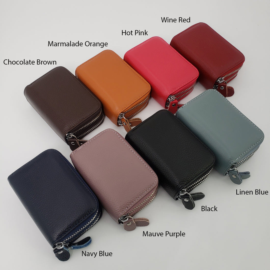 AG Wallets Unisex Small Cow Leather RFID Double Zipper Credit Card Holder Organ-Style Coin Wallet