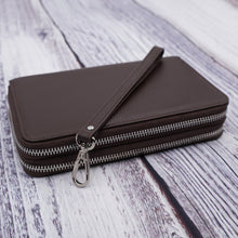 Load image into Gallery viewer, AG Wallets Women&#39;s Double Zipper Coffee Brown Leather Large Capacity RFID Wristlet
