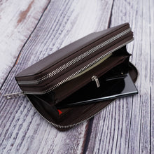 Load image into Gallery viewer, AG Wallets Women&#39;s Double Zipper Coffee Brown Leather Large Capacity RFID Wristlet

