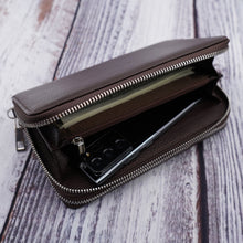 Load image into Gallery viewer, AG Wallets Women&#39;s Double Zipper Coffee Brown Leather Large Capacity RFID Wristlet
