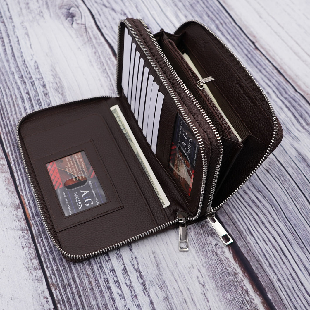 AG Wallets Women's Double Zipper Coffee Brown Leather Large Capacity RFID Wristlet