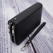 Load image into Gallery viewer, AG Wallets Women&#39;s Double Zipper Black Leather Large Capacity RFID Wristlet
