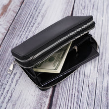 Load image into Gallery viewer, AG Wallets Women&#39;s Double Zipper Black Leather Large Capacity RFID Wristlet
