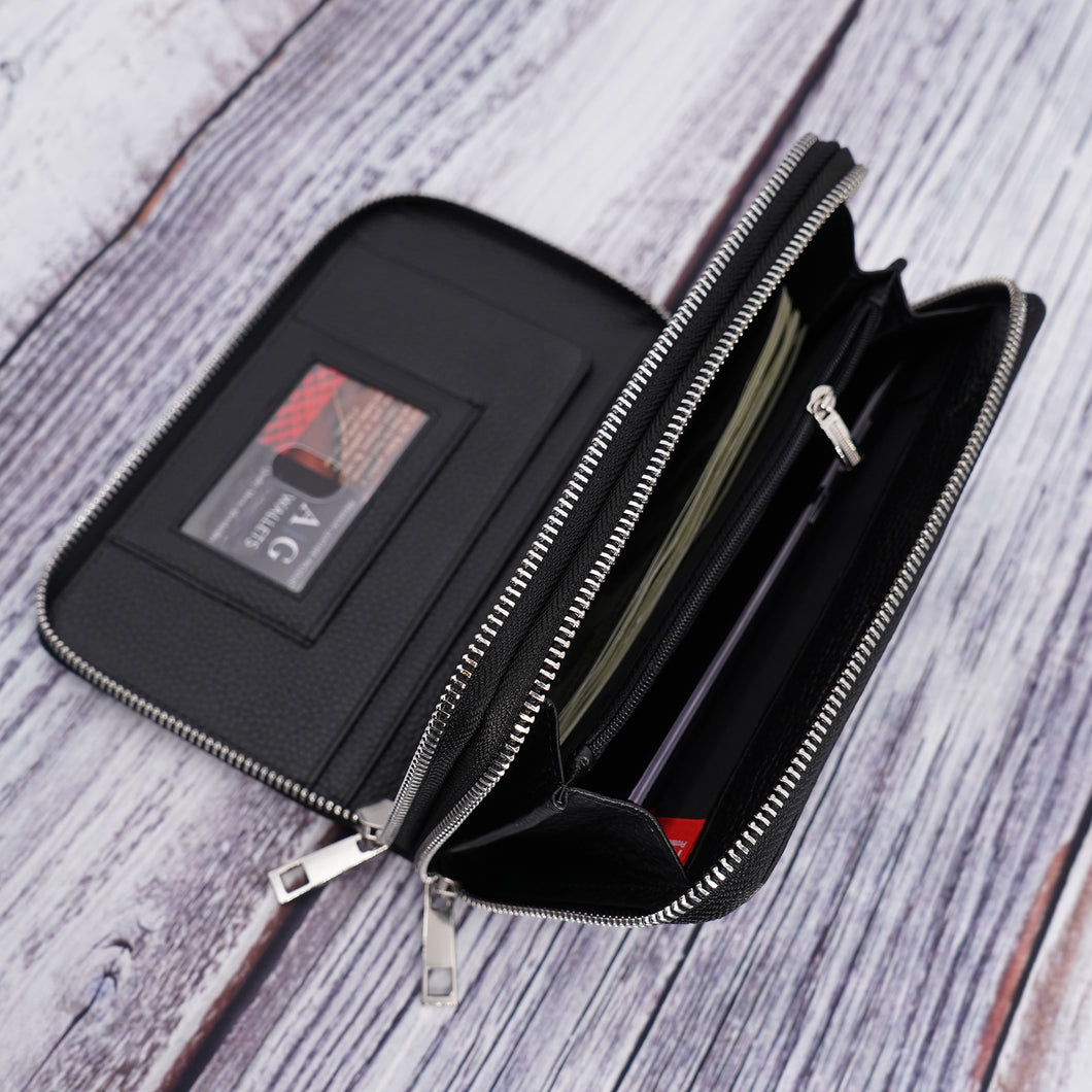 AG Wallets Women's Double Zipper Black Leather Large Capacity RFID Wristlet