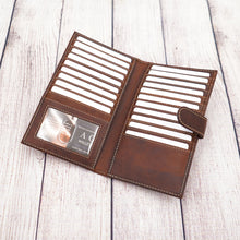 Load image into Gallery viewer, AG Wallets Distressed Brown Full Grain Leather RFID Credit Card Organizer Long Wallet, Holds 20 Cards, 2 Side Slots, 1 ID Slot &amp; Snap Close
