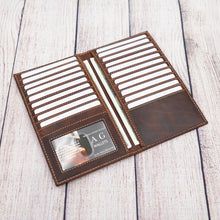 Load image into Gallery viewer, AG Wallets Distressed Brown Cowhide Leather Credit Card Organizer RFID Long Wallet, Holds Up To 20 Cards, 2 Side Cash Slots, 1 ID Slot
